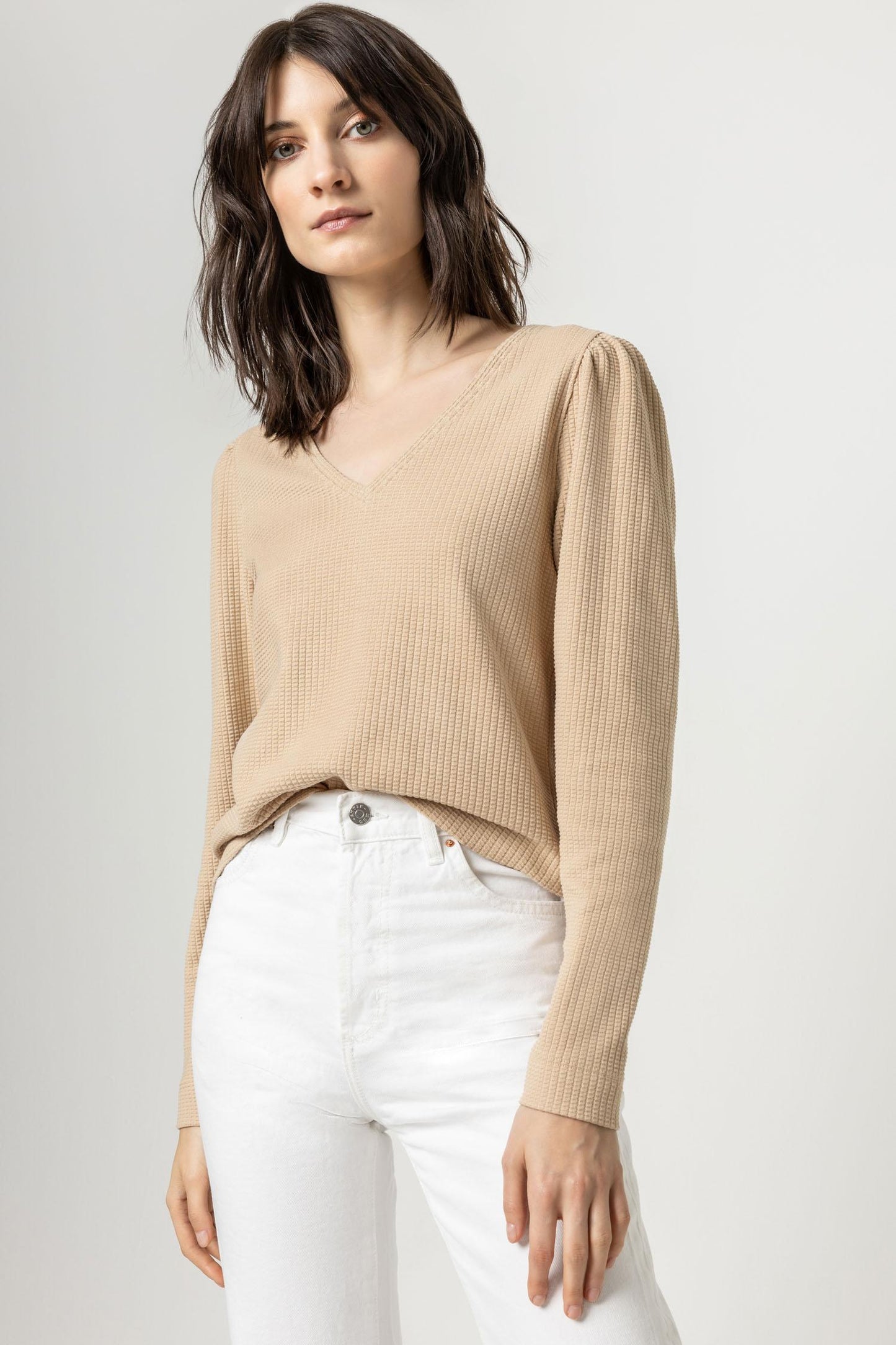 Lilla P | Puff Sleeve Waffle V-Neck