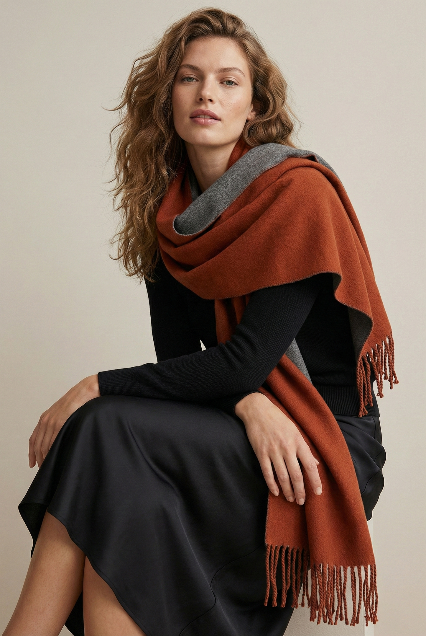 
                  
                    Solid Fringe Reversible Scarf: Beige
                  
                