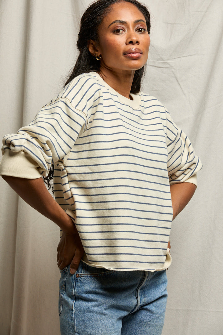 Perfectwhitetee| Niall Stripe French Terry Top| Natural/night stripe