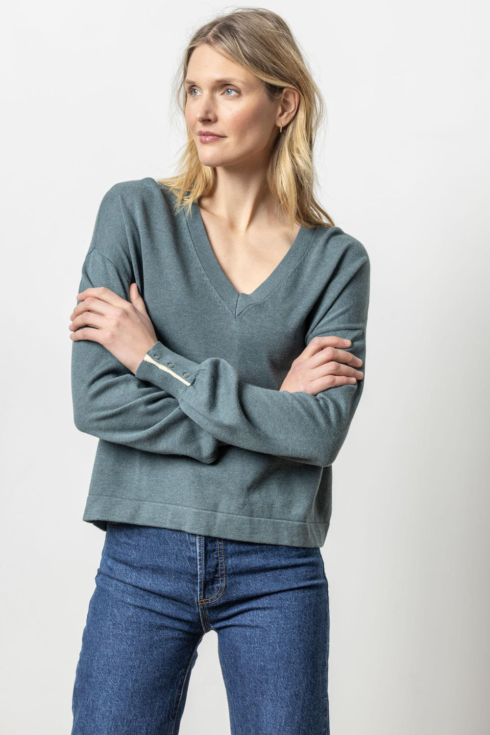 Lilla P | Snap Cuff V-Neck Sweater | PA 2728