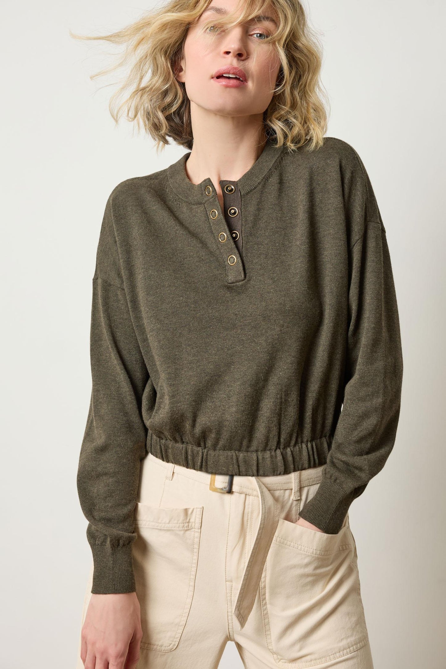 
                  
                    Lilla P | Elastic Waist Henley Sweater | 3062 | Fir
                  
                