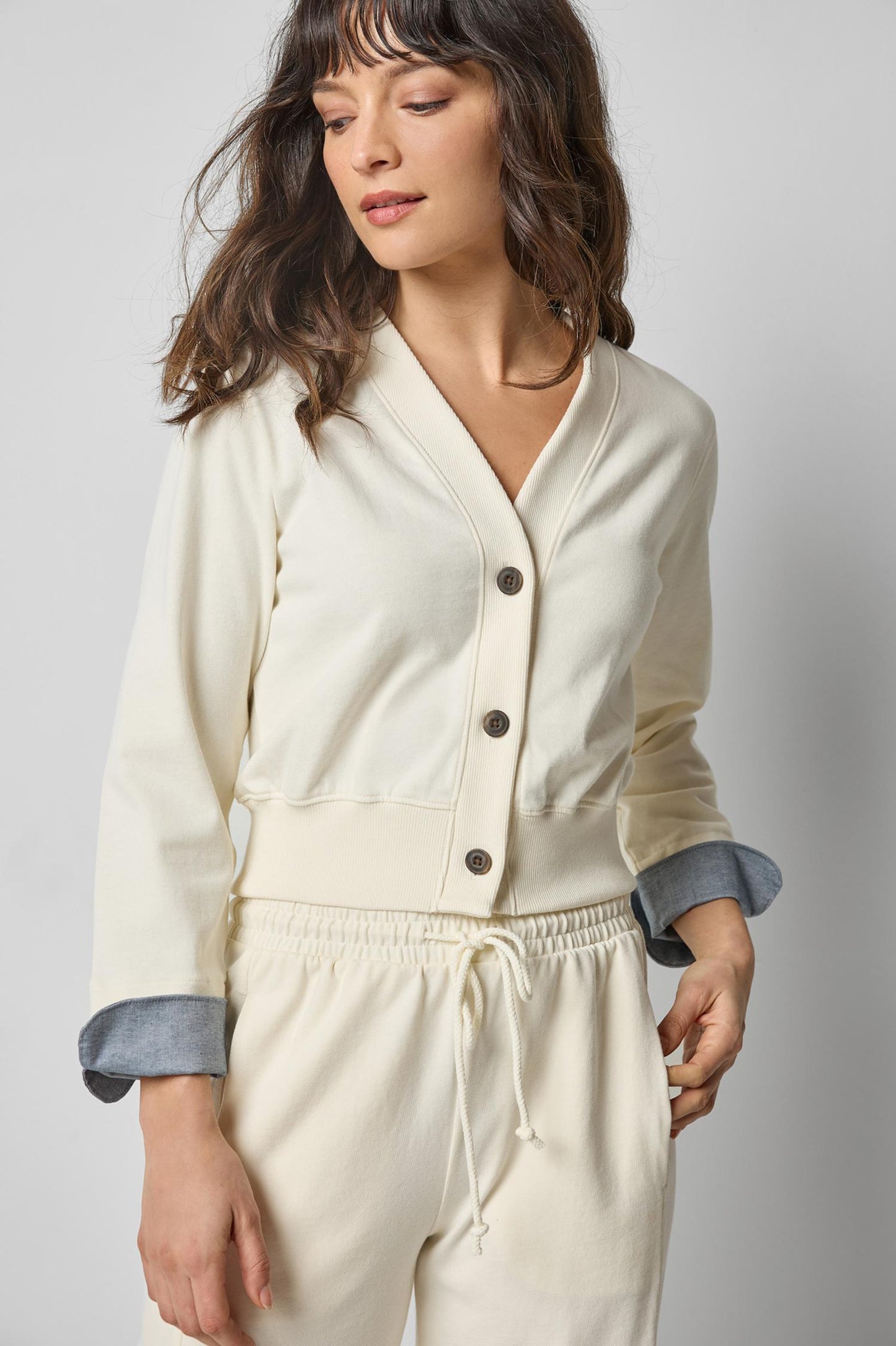 
                  
                    Lilla P | Chambray Cuff Cardigan | 3220 | Ivory
                  
                