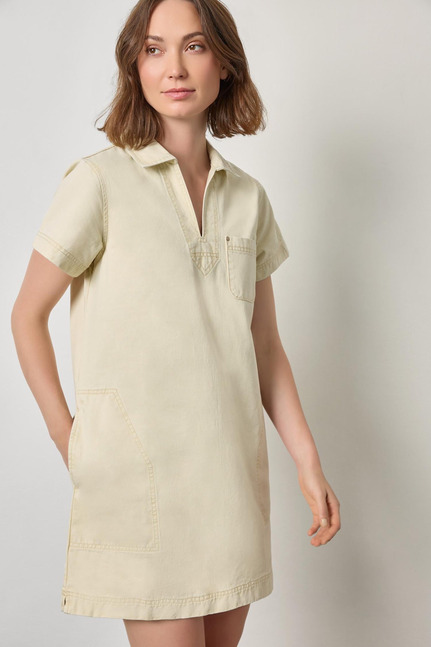 
                  
                    Lilla P | Twill SplitNeck Collared Dress| Parchment | 3379
                  
                