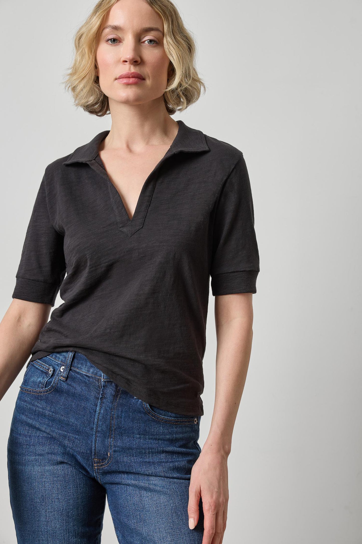 
                  
                    Lilla P | Elbow Sleeve Collard Split Neck Top | 3515
                  
                