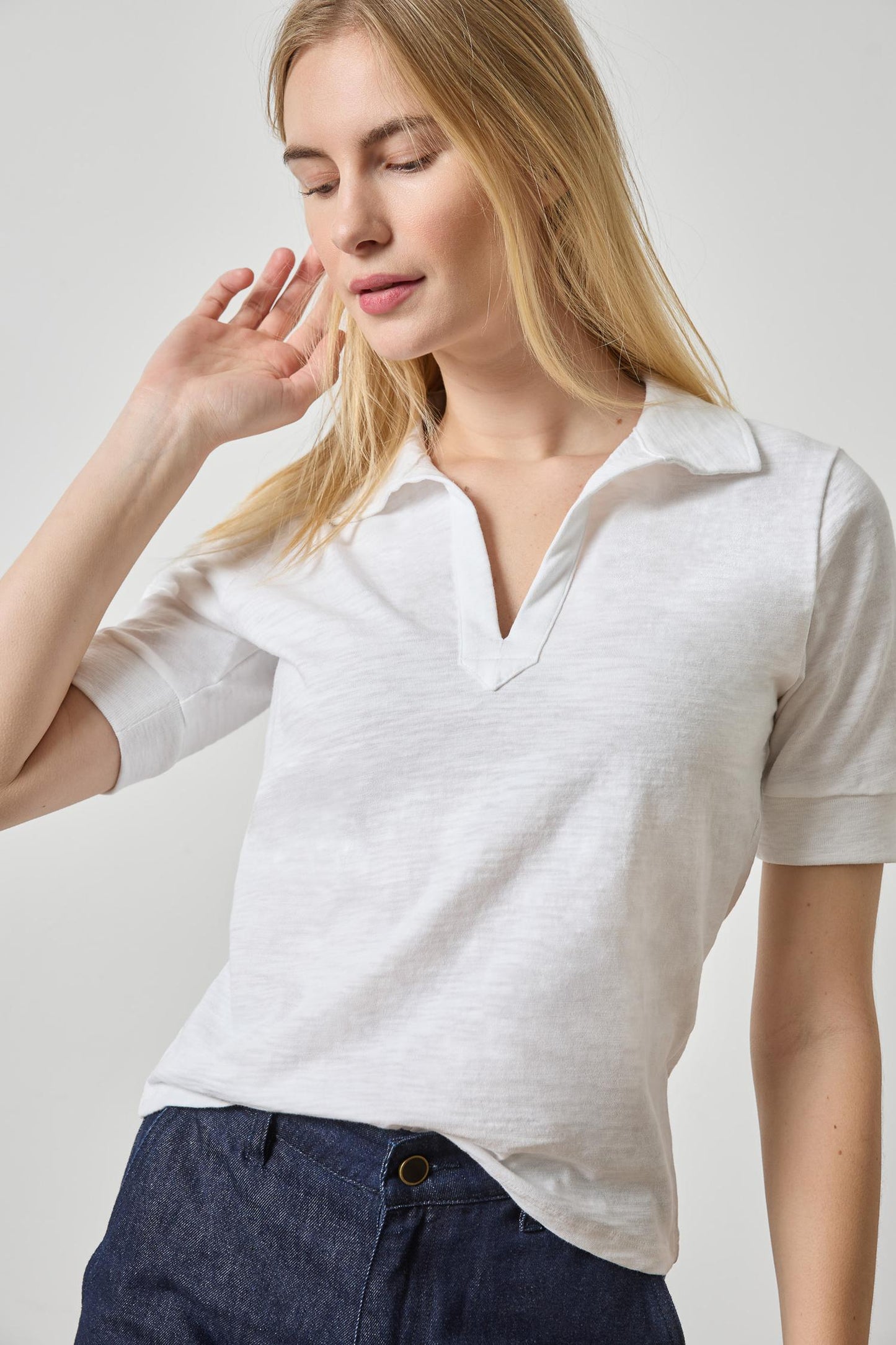 
                  
                    Lilla P | Elbow Sleeve Collard Split Neck Top | 3515
                  
                