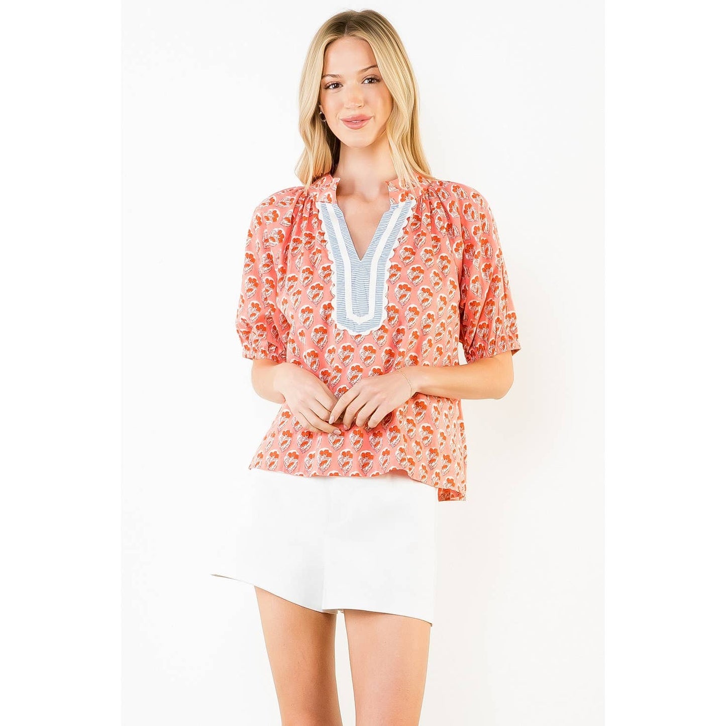
                  
                    THML | S/S Patterned V-Neck Top | Pink
                  
                